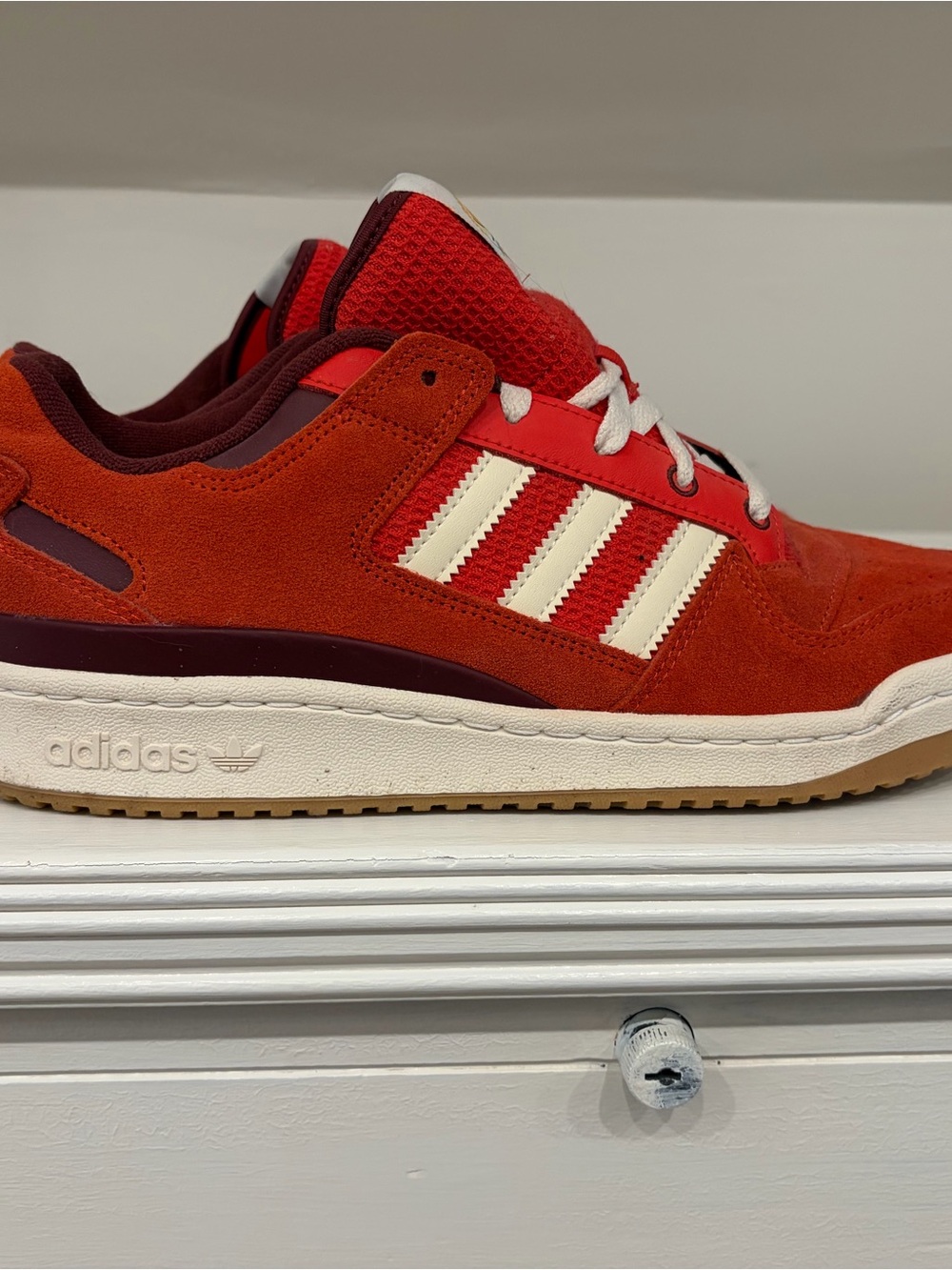 adidas Men’s Red Suede Low-Top Sneakers with Cream Stripes